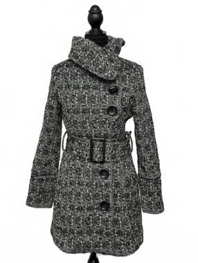 Vintage Bedo Femme Black White Houndstooth Wool Blend Belted Coat Sz S